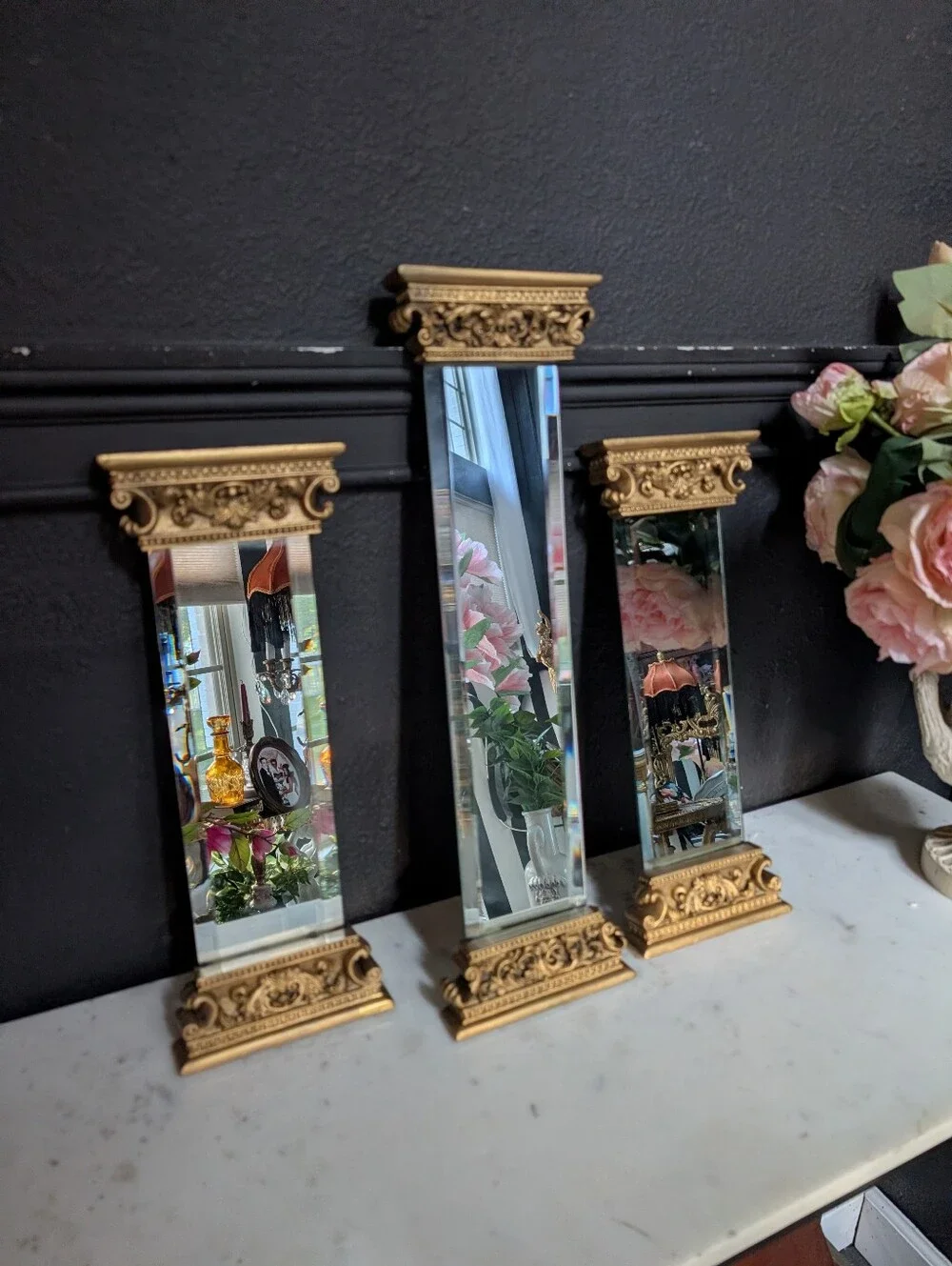 VTG, Set of 3, Gold Regency/ Neoclassical Column Beveled Ornate Frame Mirrors